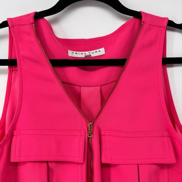 Trina Turk Pink Top Sleeveless Flap Pockets Cinched Medium - Picture 2 of 8